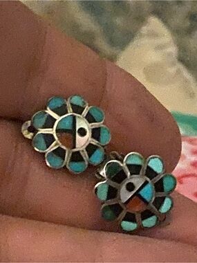 Vintage Zuni Sunface Inlay Flower Clip On Earrings Authentic Mosaic